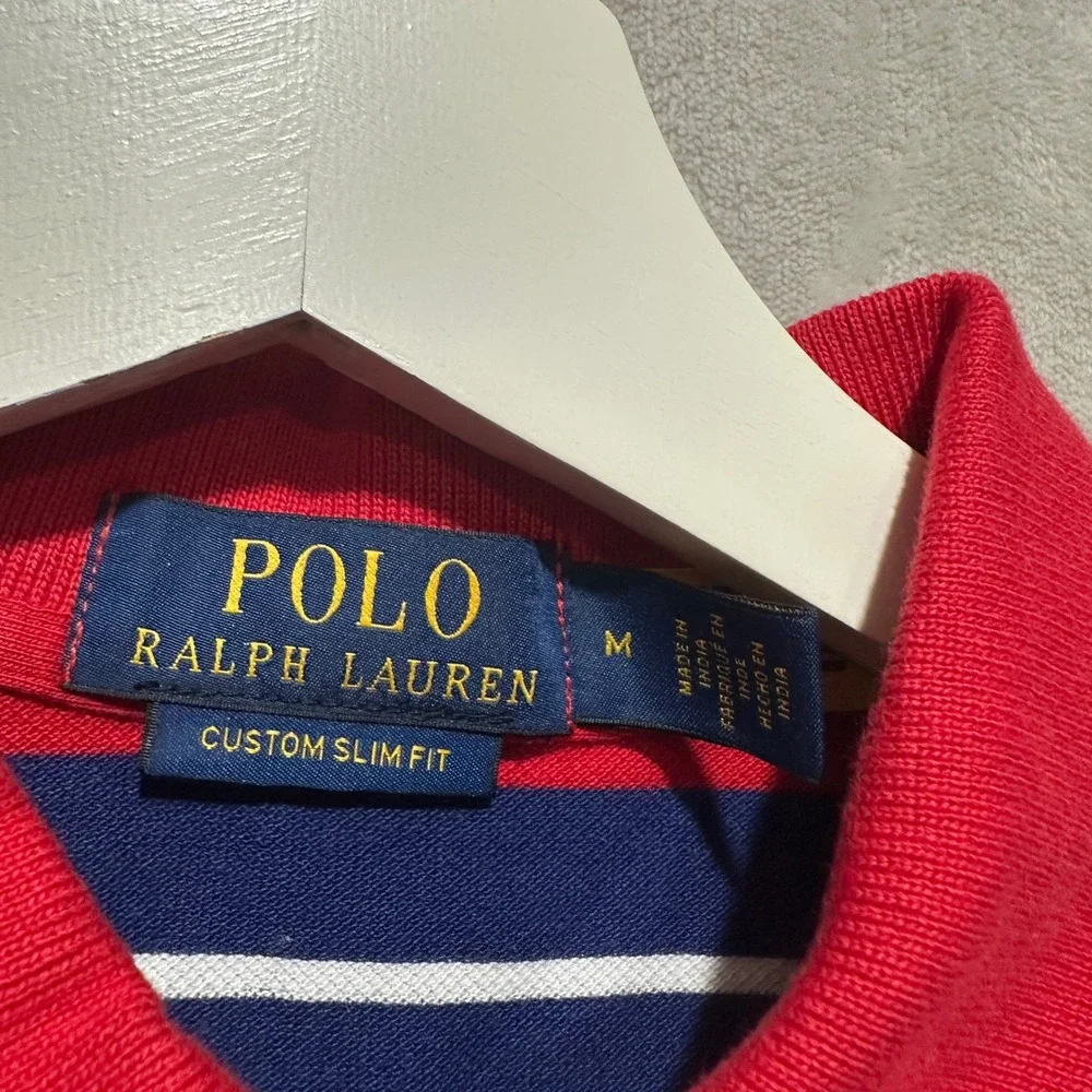Polo Ralph Lauren Mens Custom Slim Fit Striped Polo Shirt Red Blue White Medium